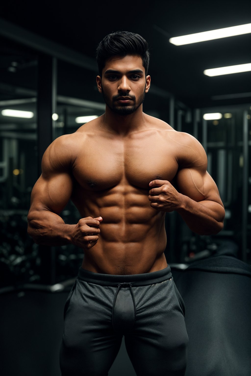 a fit man as fitness influencer wearing gym outfit in the bodybuilding gym