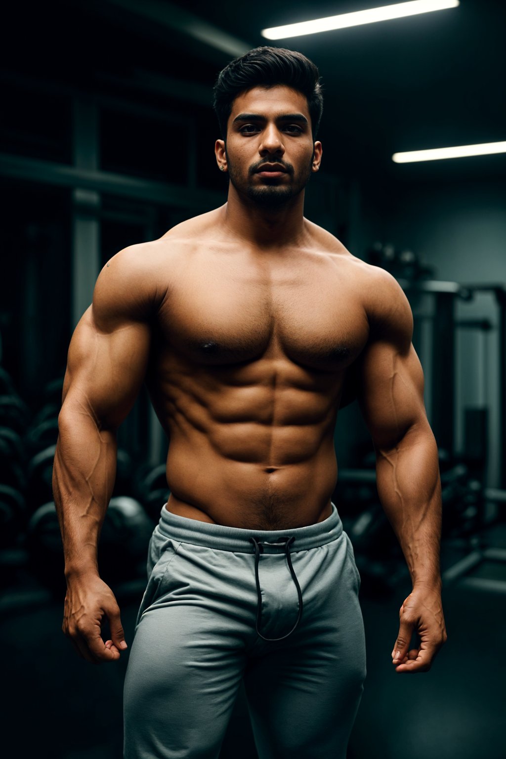 a fit man as fitness influencer wearing gym outfit in the bodybuilding gym