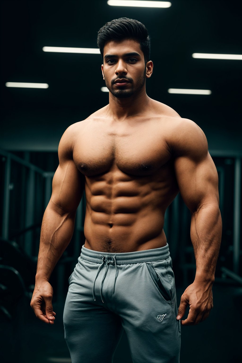 a fit man as fitness influencer wearing gym outfit in the bodybuilding gym