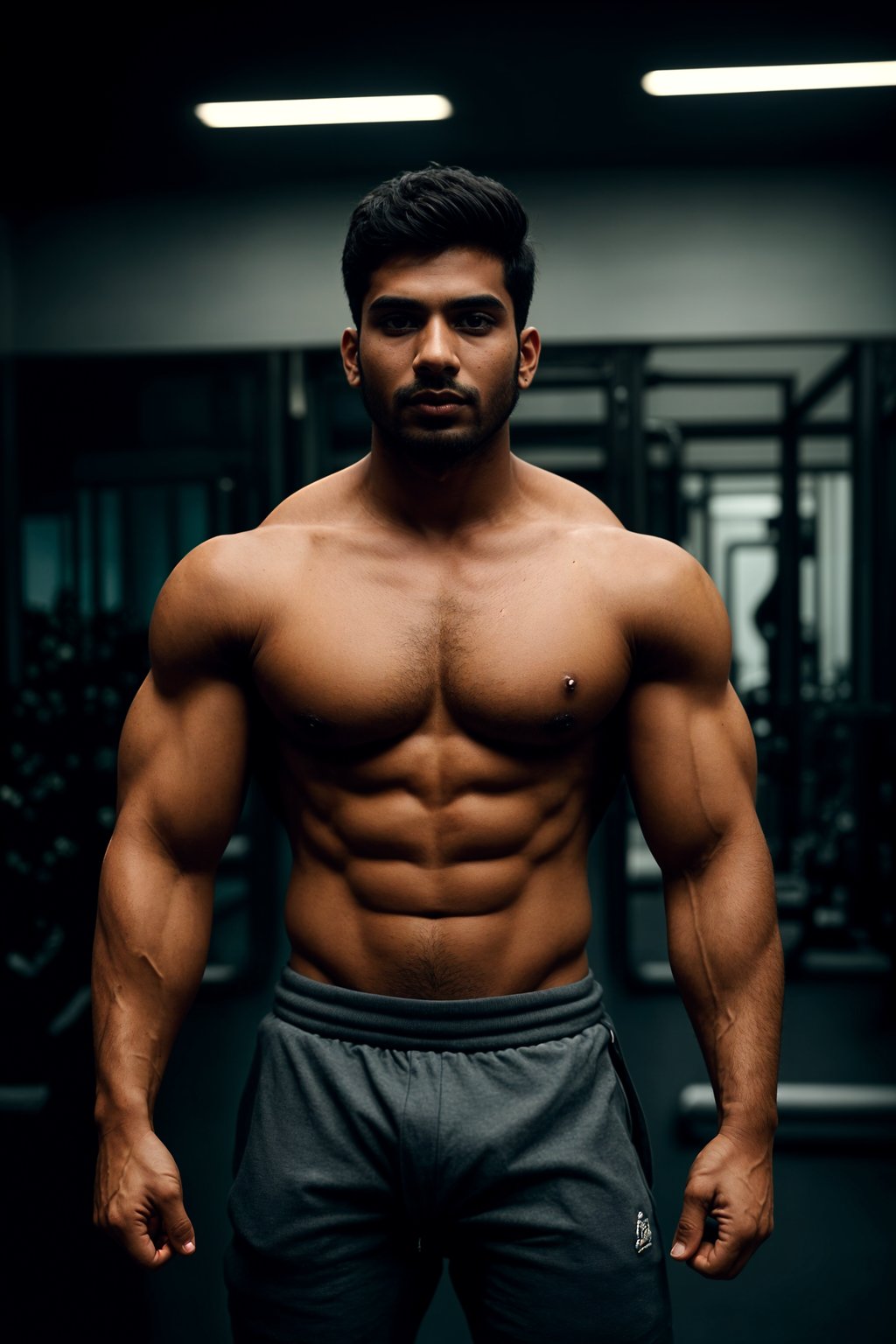 a fit man as fitness influencer wearing gym outfit in the bodybuilding gym