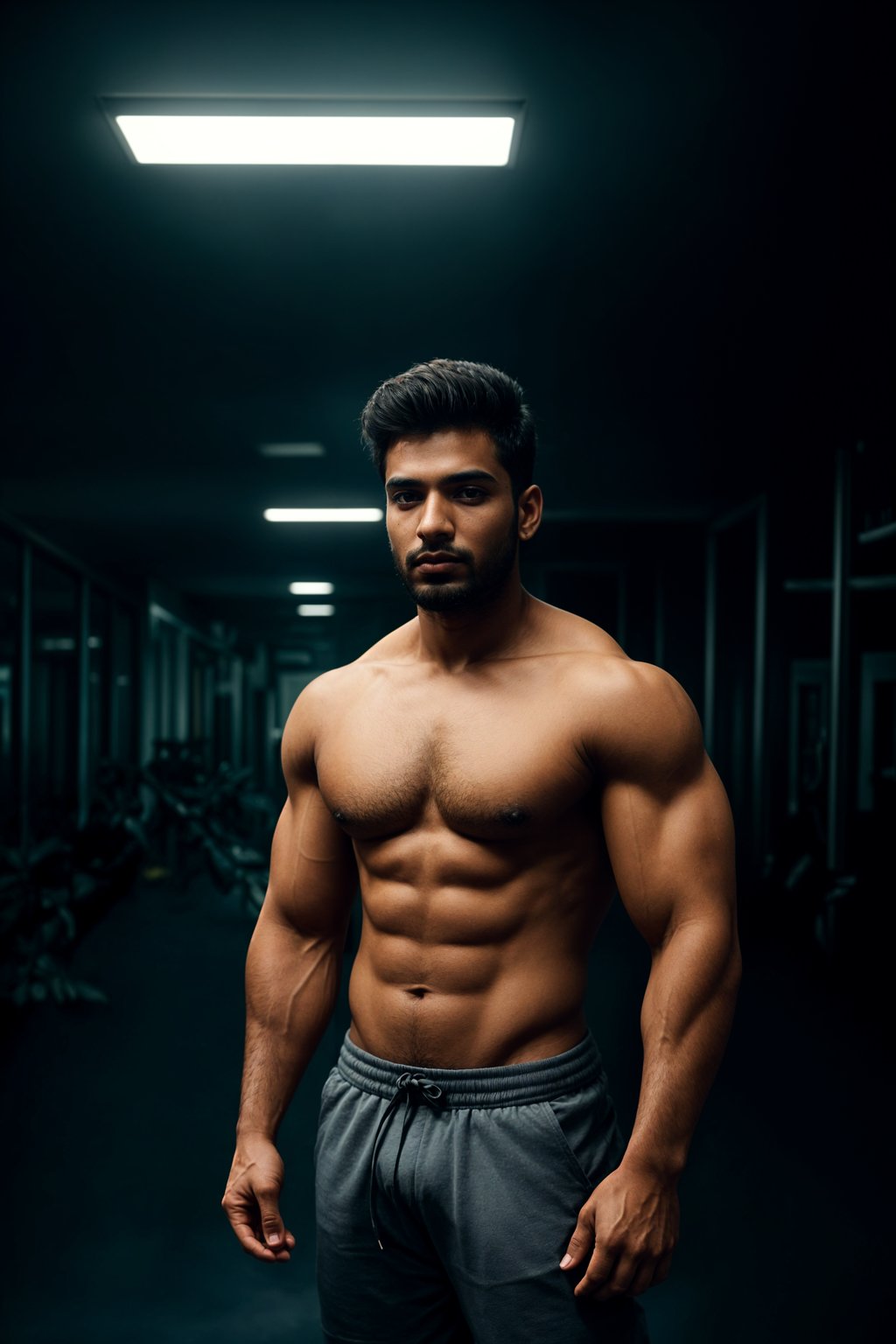 a fit man as fitness influencer wearing gym outfit in the bodybuilding gym