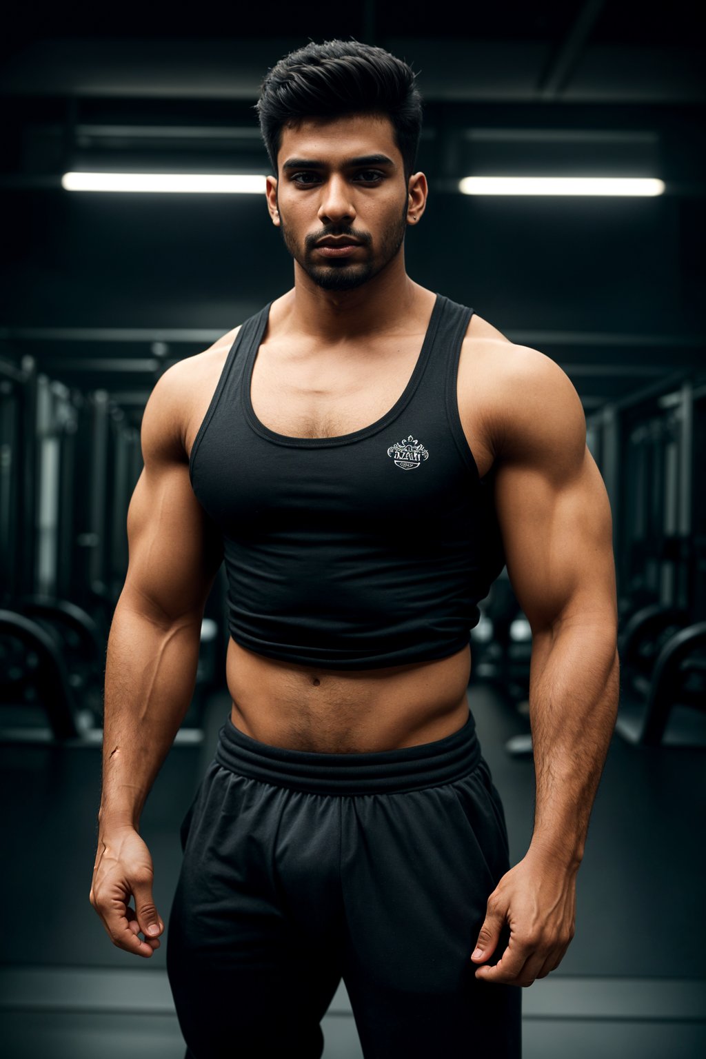 a fit man as fitness influencer wearing gym outfit in the bodybuilding gym