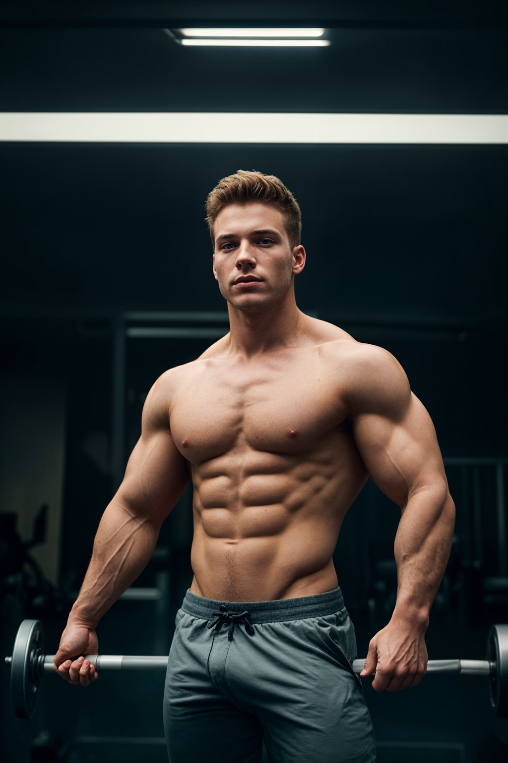 a fit man as fitness influencer wearing gym outfit in the bodybuilding gym