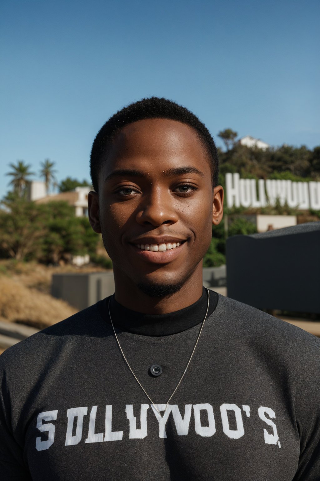 smiling man in Los Angeles with the Hollywood sign in the background