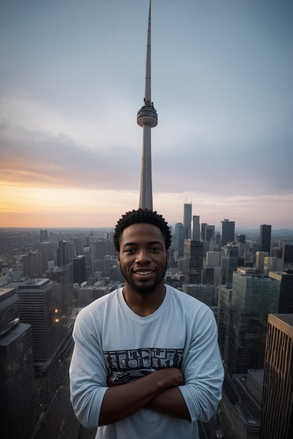 smiling man in Toronto with the CN Tower in the background