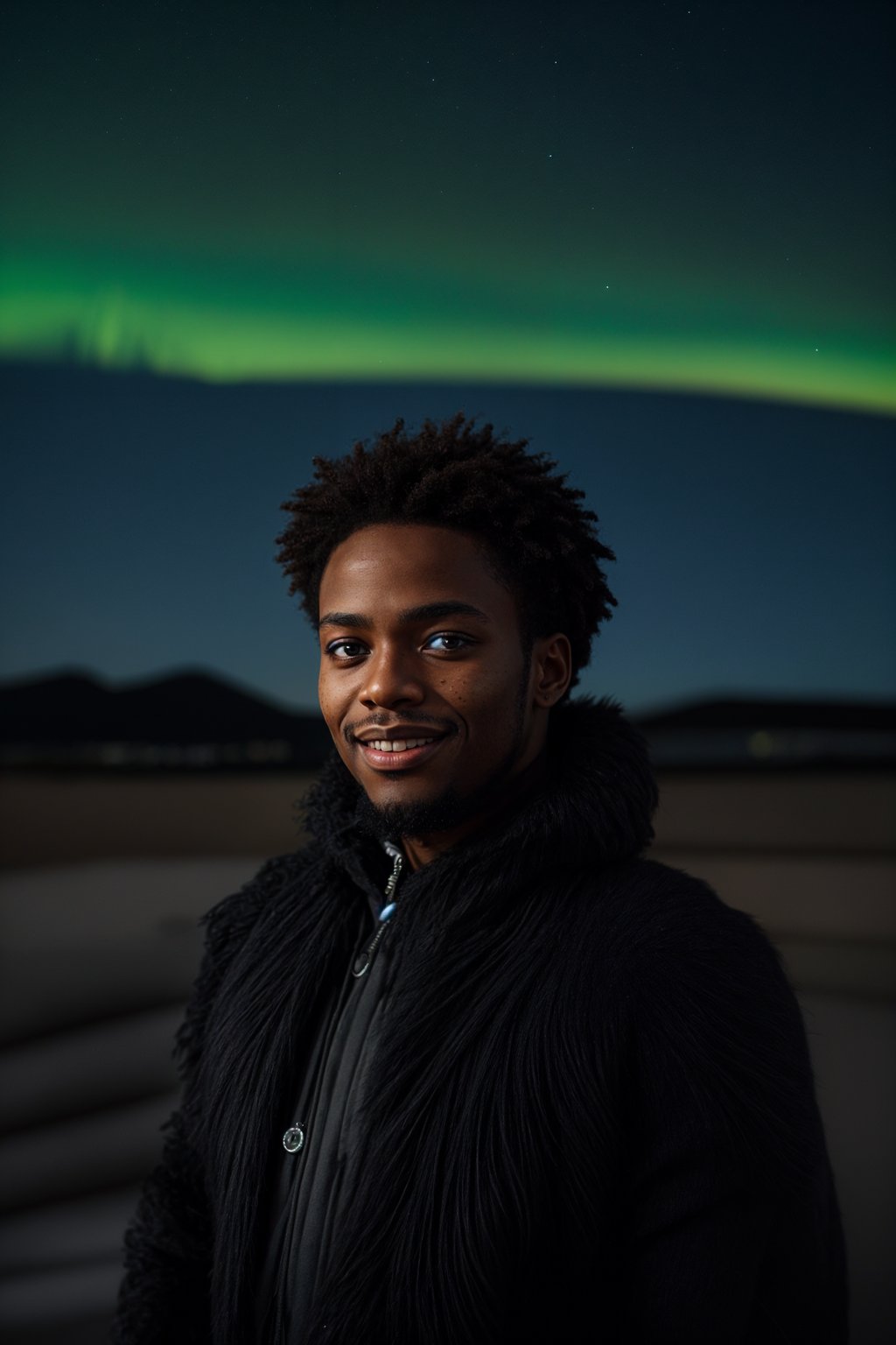 smiling man in Reykjavik with the Northern Lights in the background