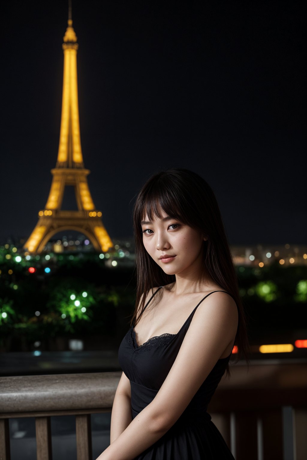 smiling woman in Paris with the Eiffel Tower in background