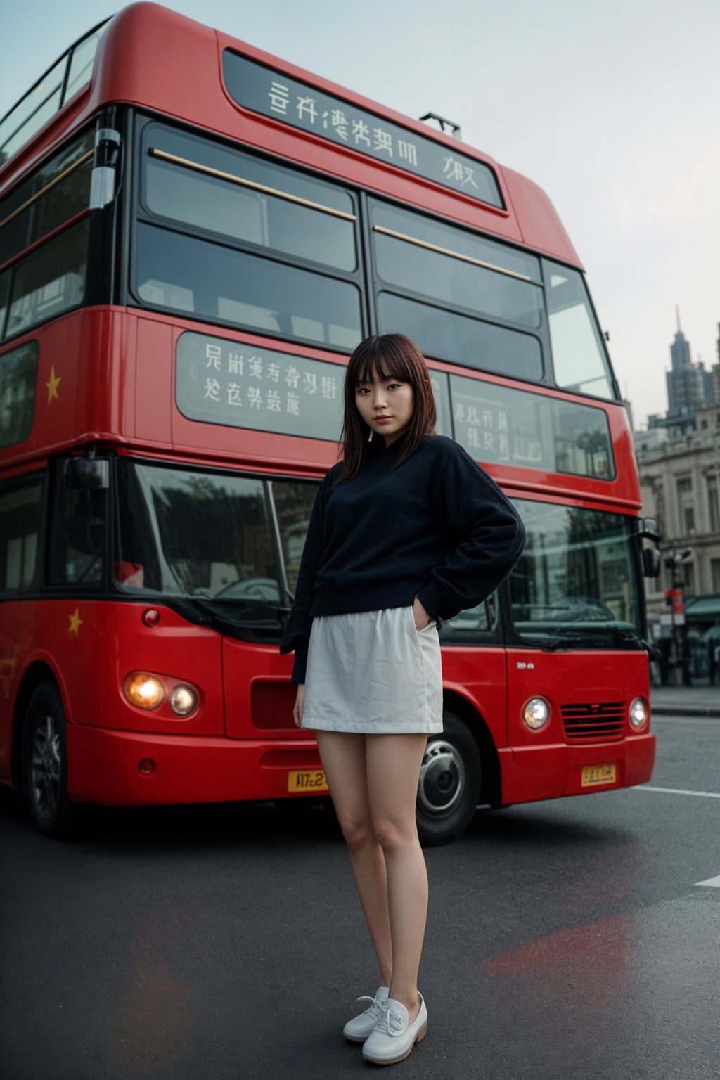 smiling woman in London with Double Decker Bus in background