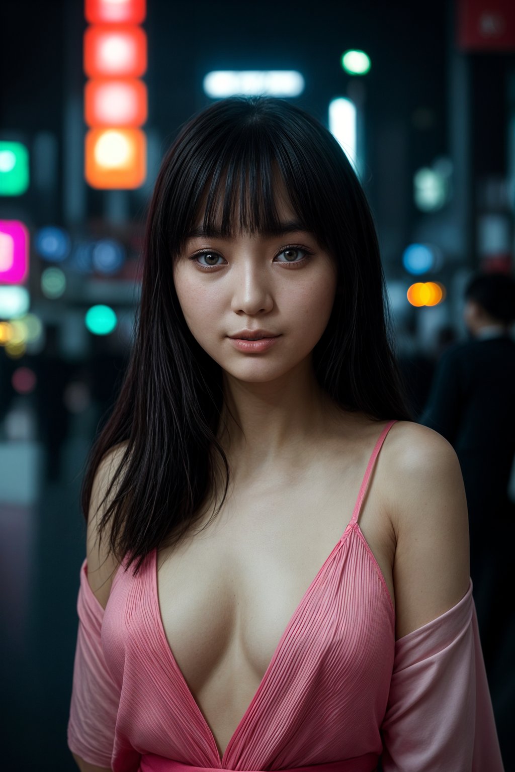 smiling woman in Tokyo at night with neon lights