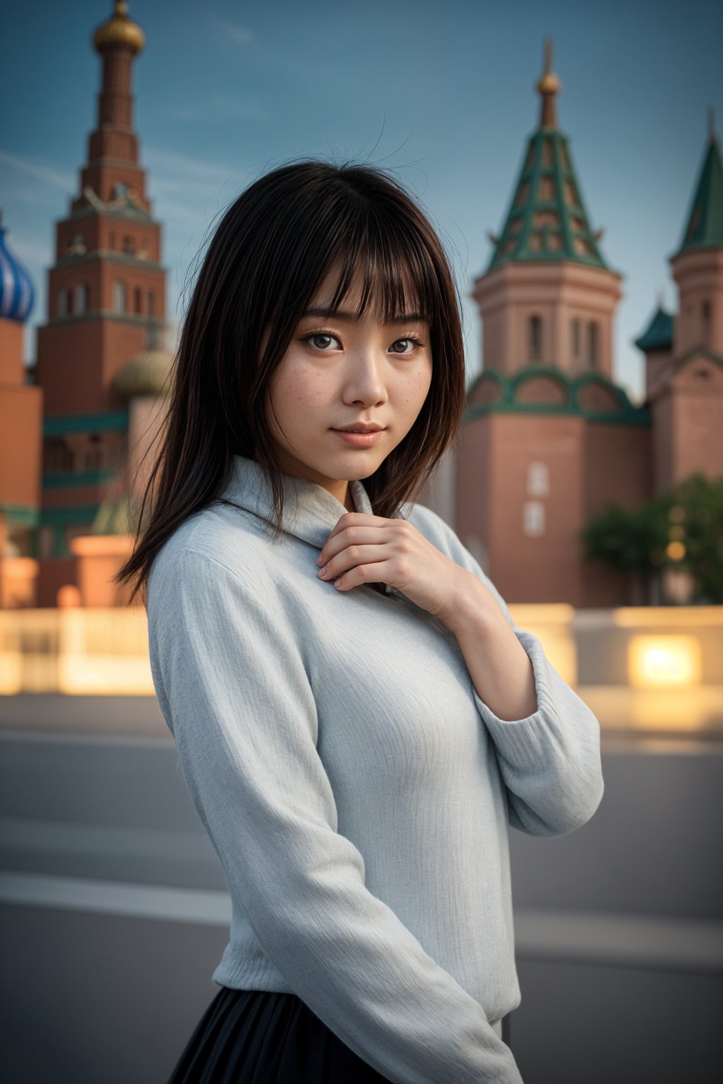 smiling woman in Moscow with the Kremlin in the background