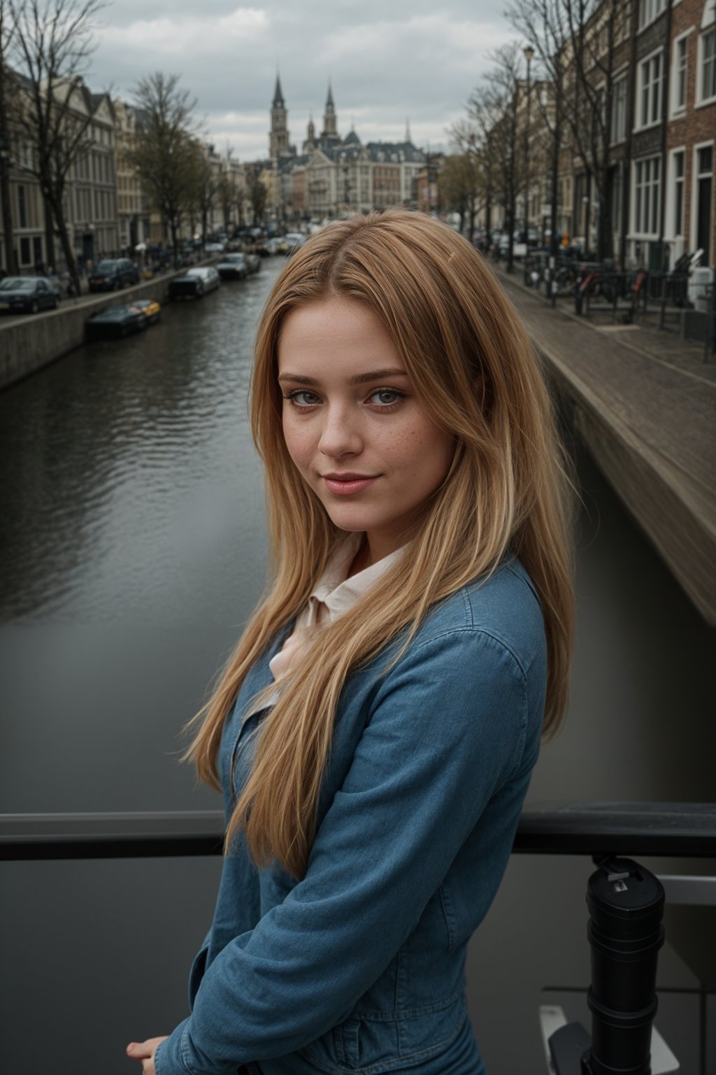 smiling woman in Amsterdam with the Amsterdam Canals in background