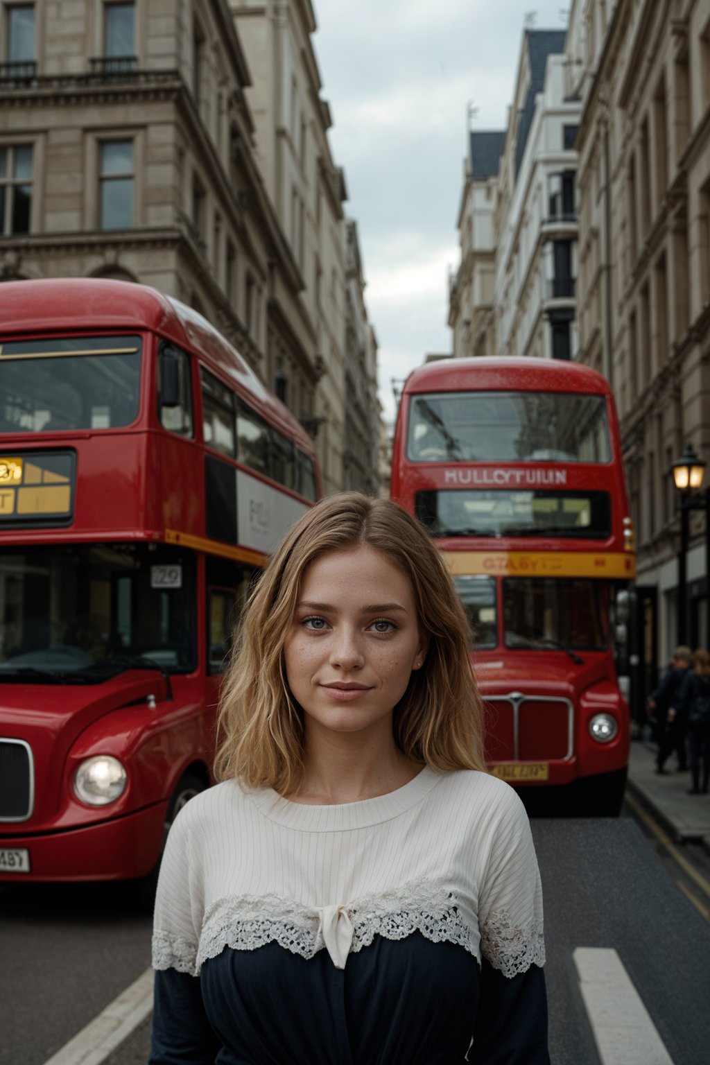 smiling woman in London with Double Decker Bus in background