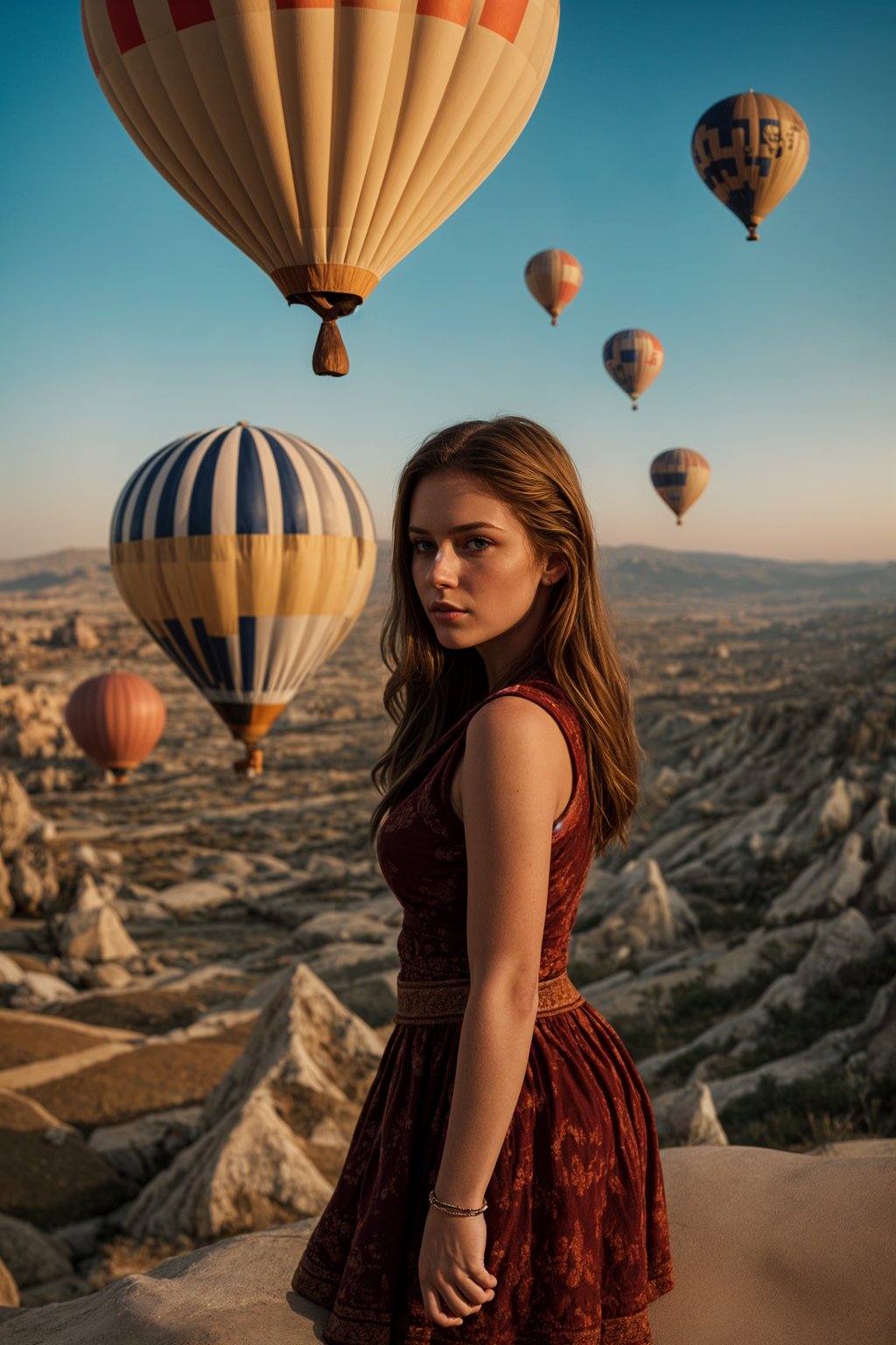 Breathtakingly woman with hot air balloons in the background in cappadocia, Türkiye. Cappadocia, Turkey