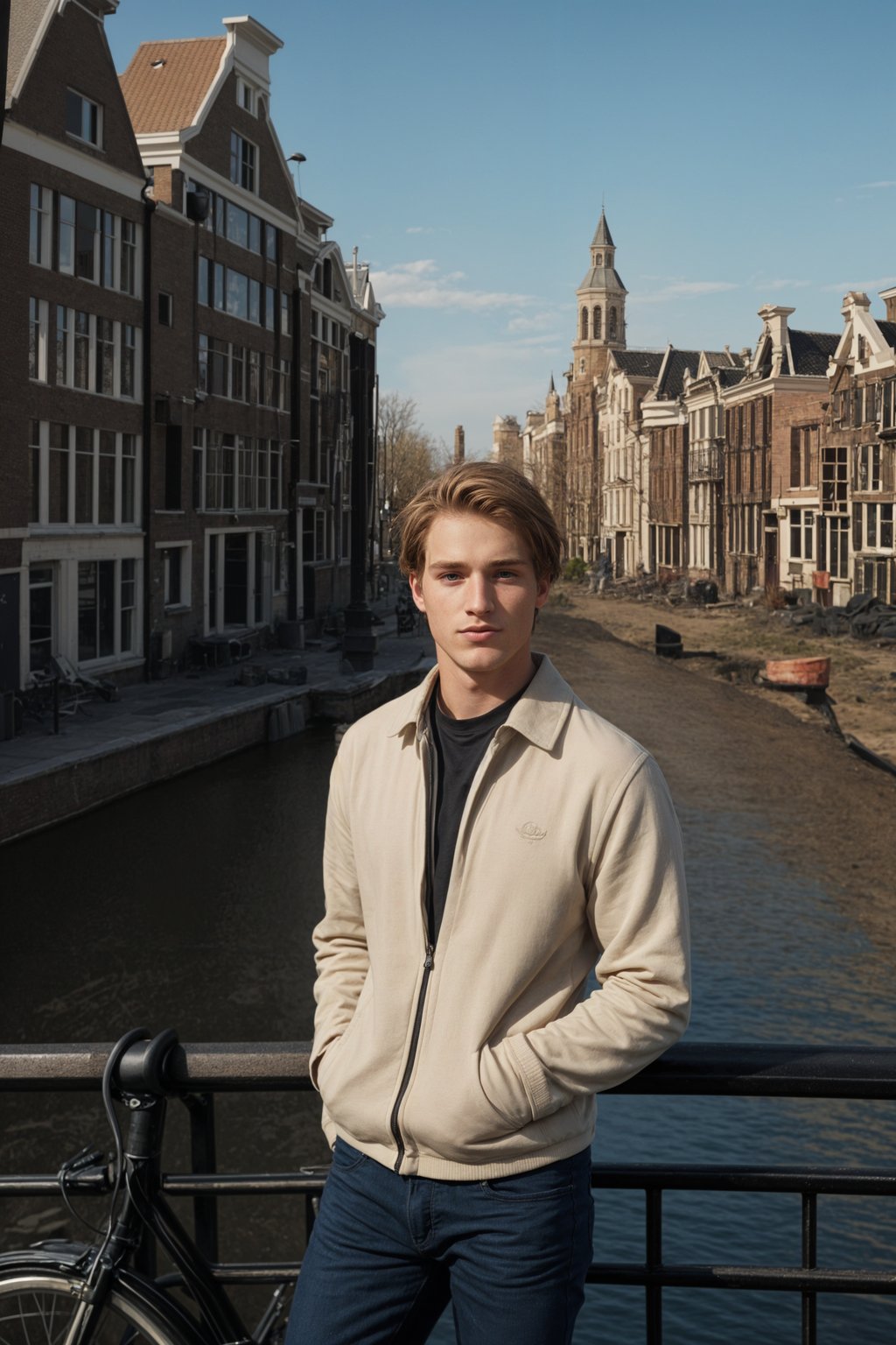 smiling man in Amsterdam with the Amsterdam Canals in background