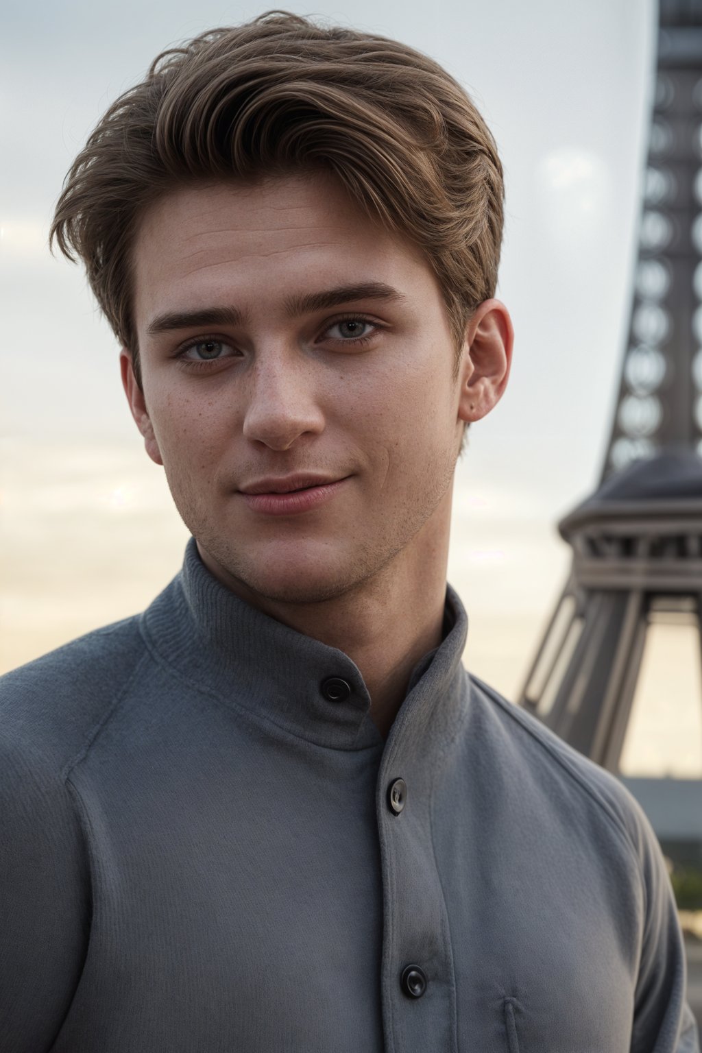 smiling man in Paris with the Eiffel Tower in background