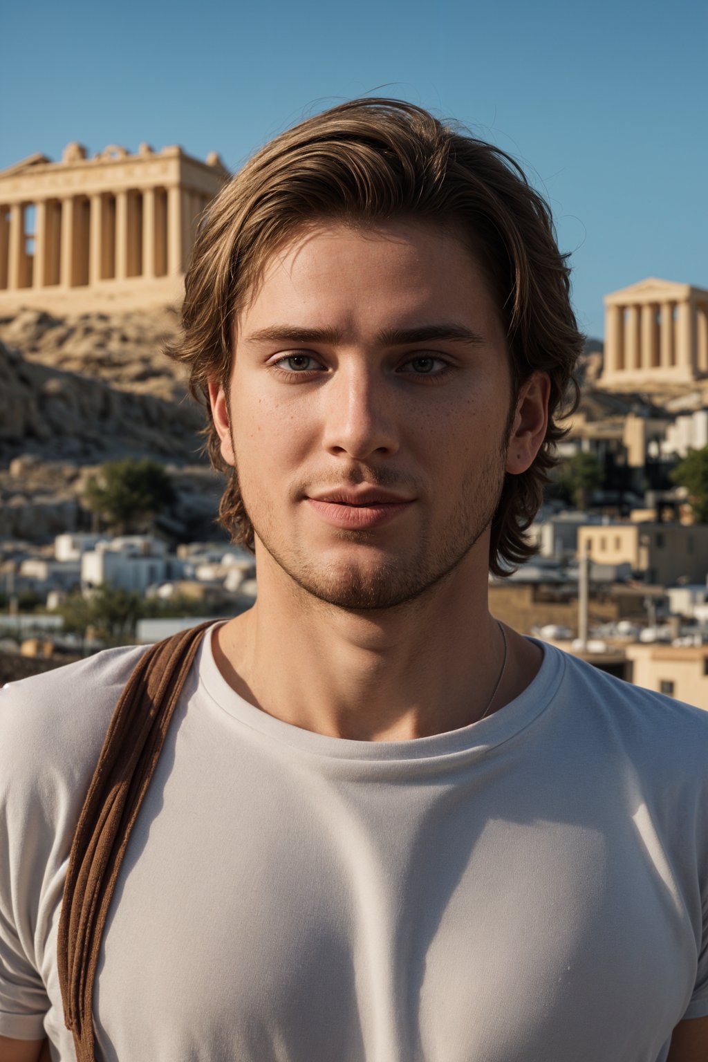 smiling man in Athens with the Acropolis in the background