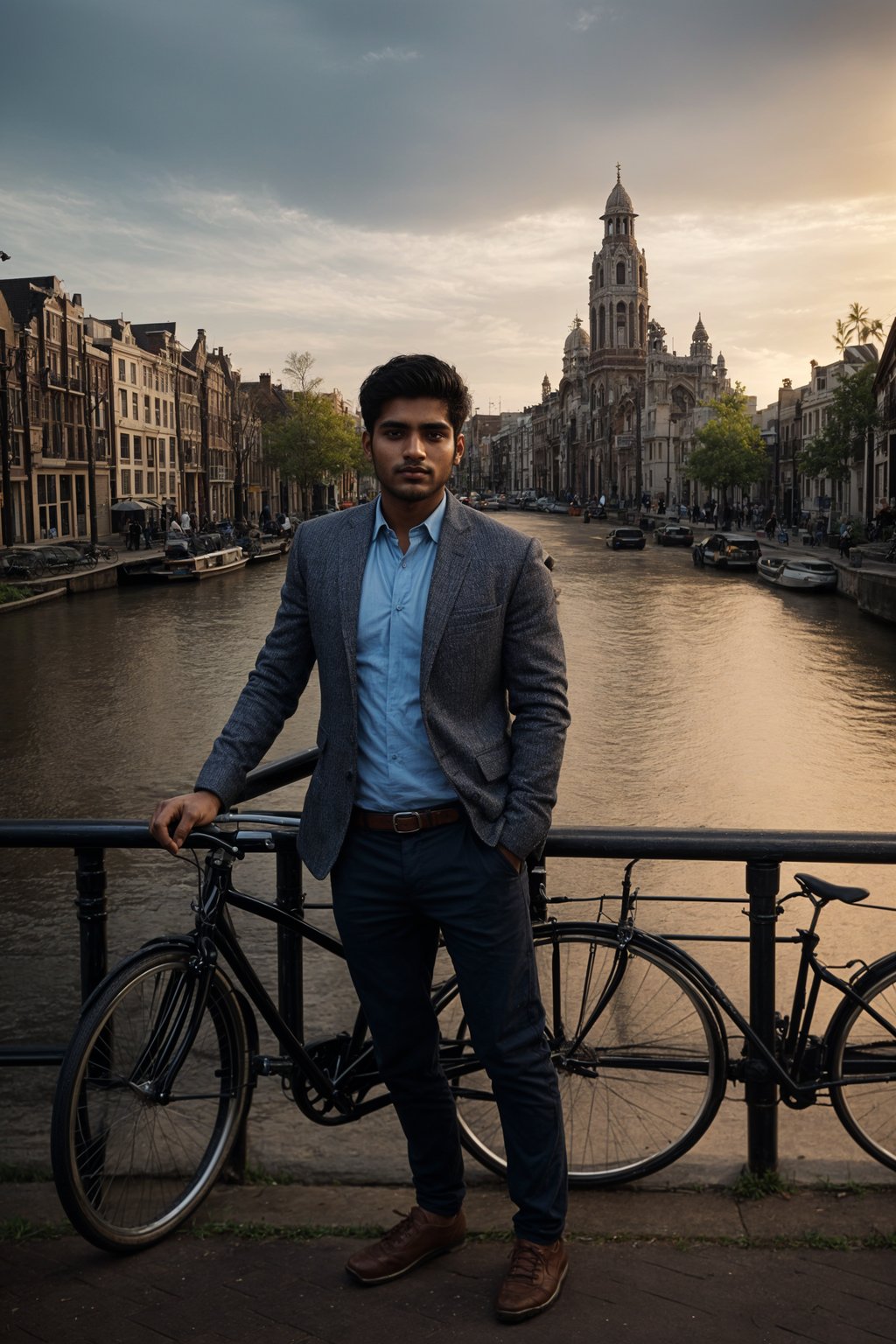 smiling man in Amsterdam with the Amsterdam Canals in background