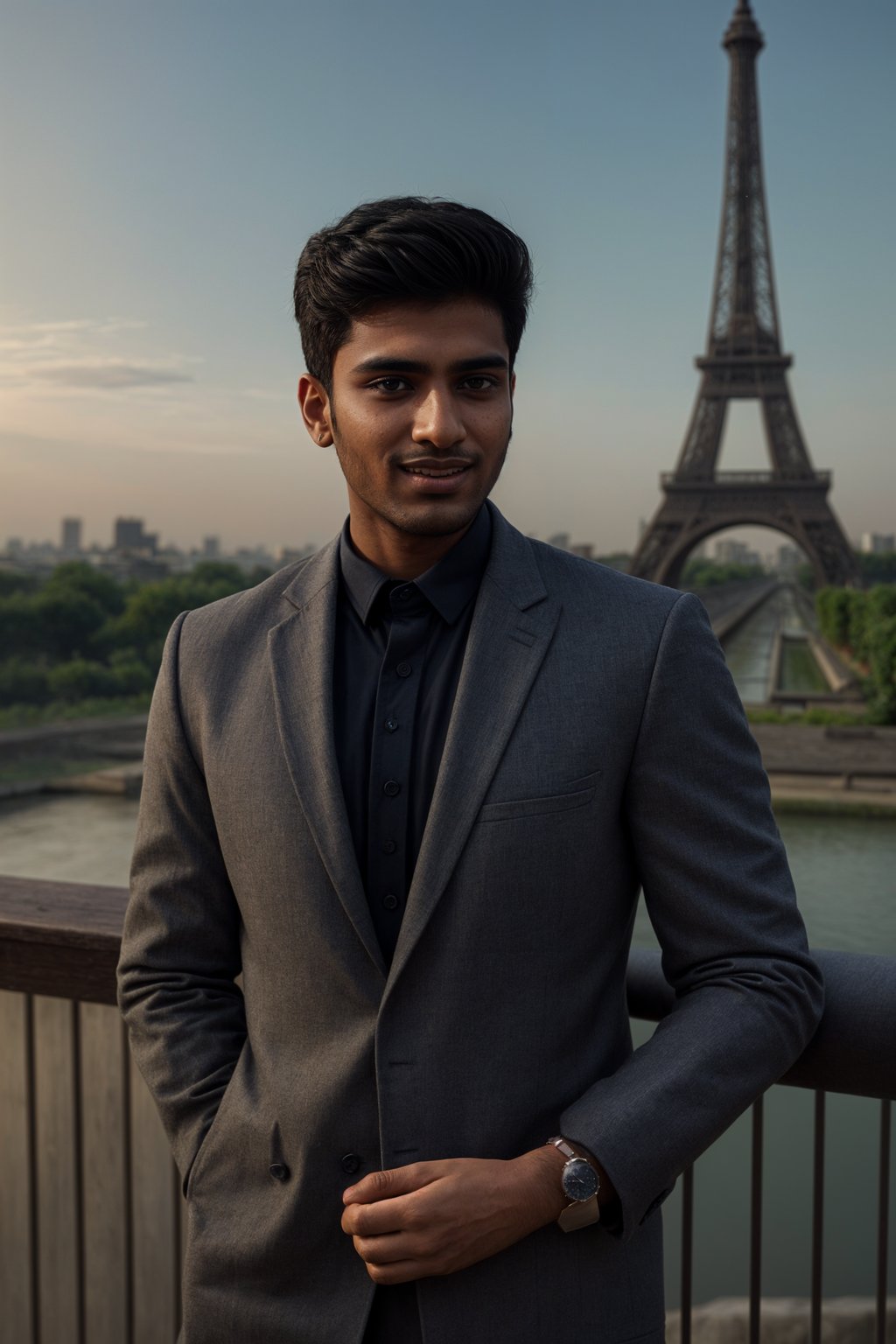 smiling man in Paris with the Eiffel Tower in background