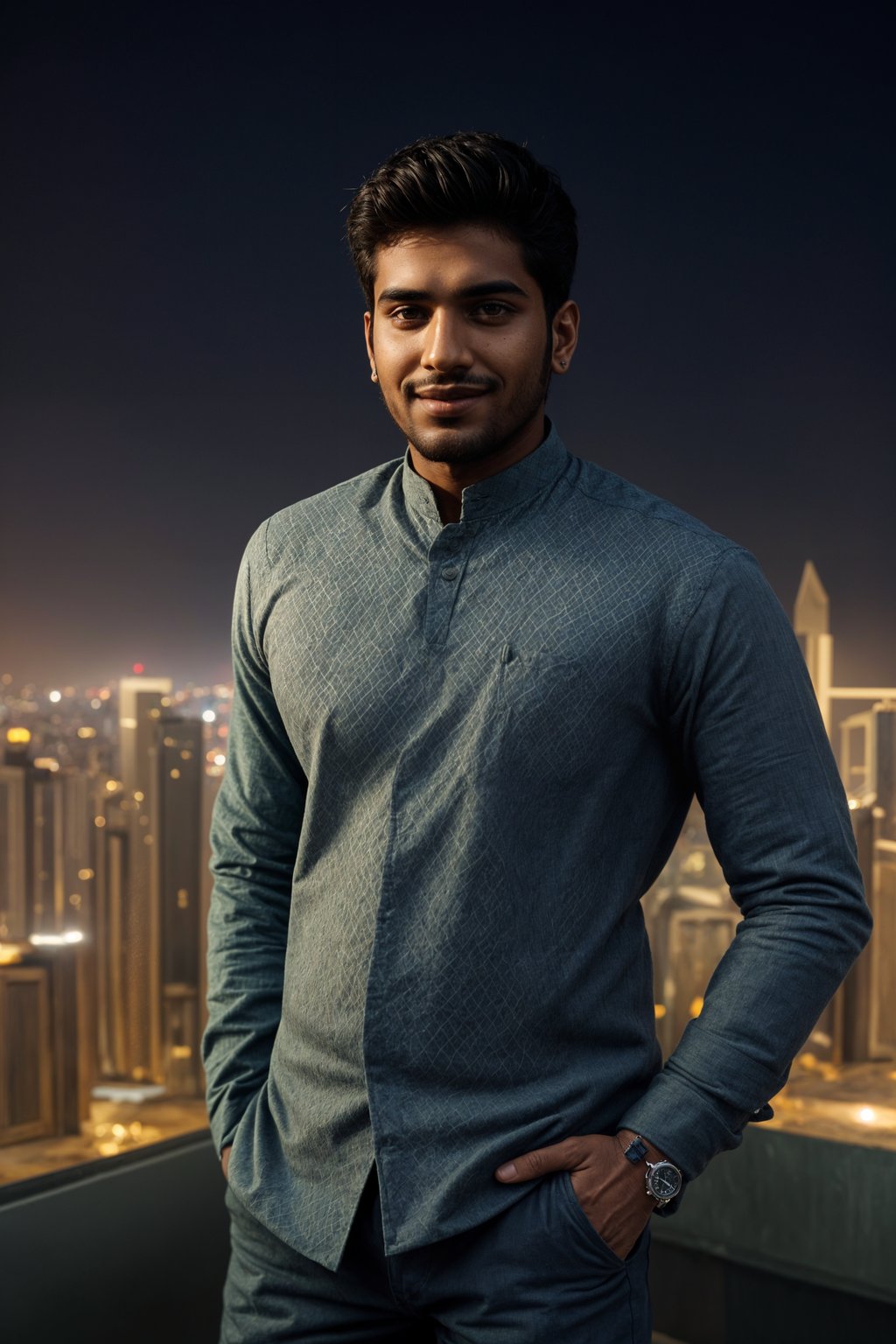 smiling man in Dubai with skyline in background