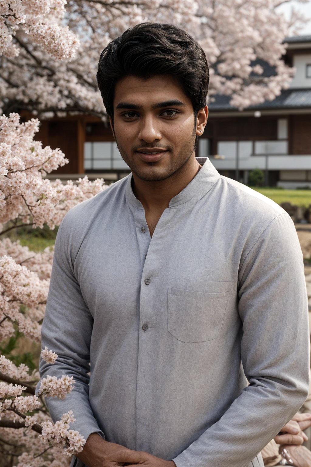 smiling man in Japan with Japanese Cherry Blossom Trees and Japanese temples in background