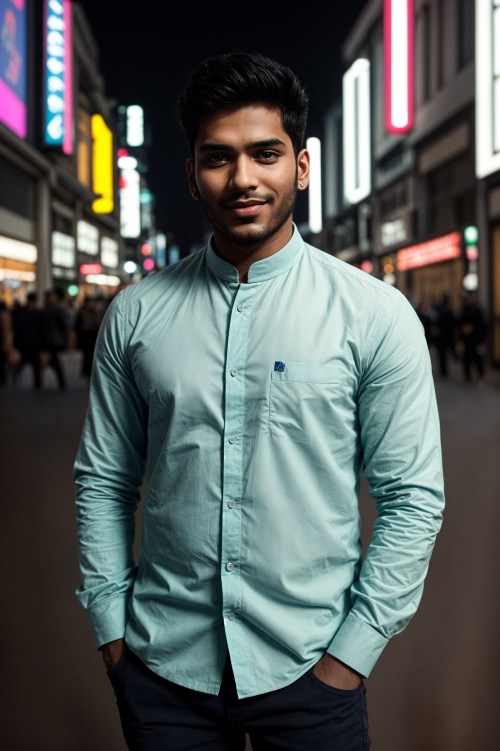 smiling man in Seoul in Gangnam in Cheongdamdong Luxury Shopping street. stores visible in background