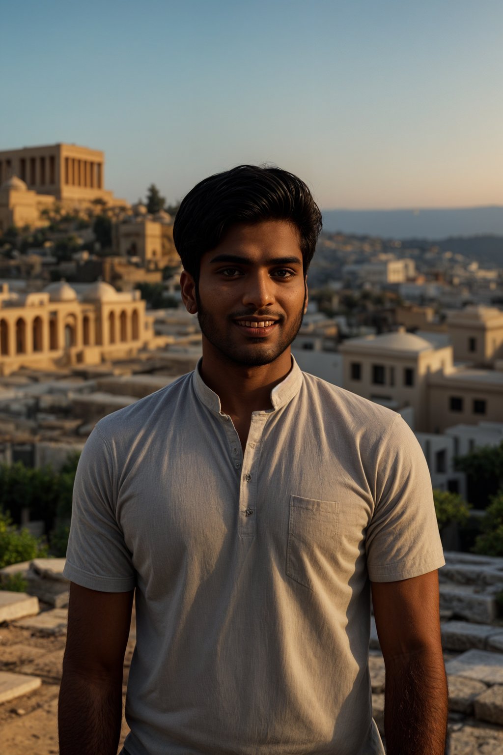 smiling man in Athens with the Acropolis in the background