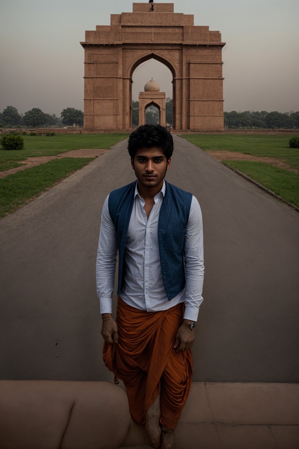 smiling man in Delhi with the India Gate in the background