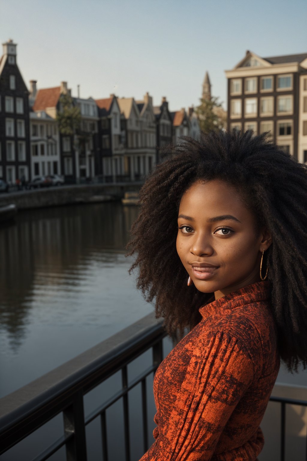 smiling woman in Amsterdam with the Amsterdam Canals in background