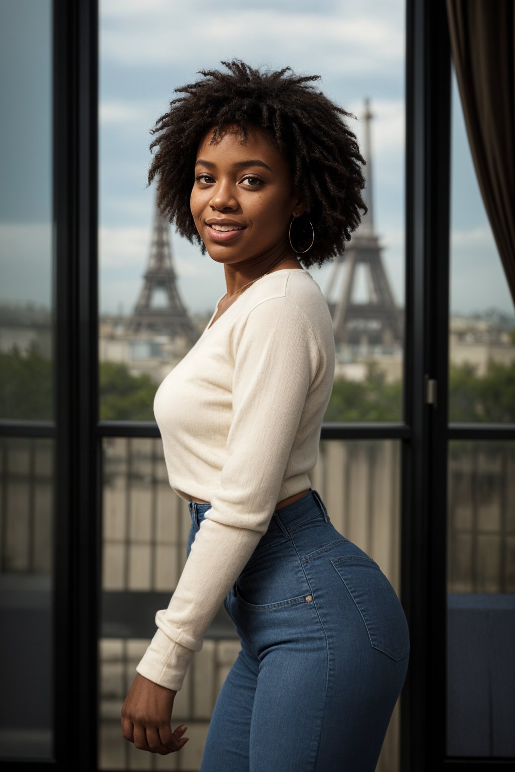 smiling woman in Paris with the Eiffel Tower in background