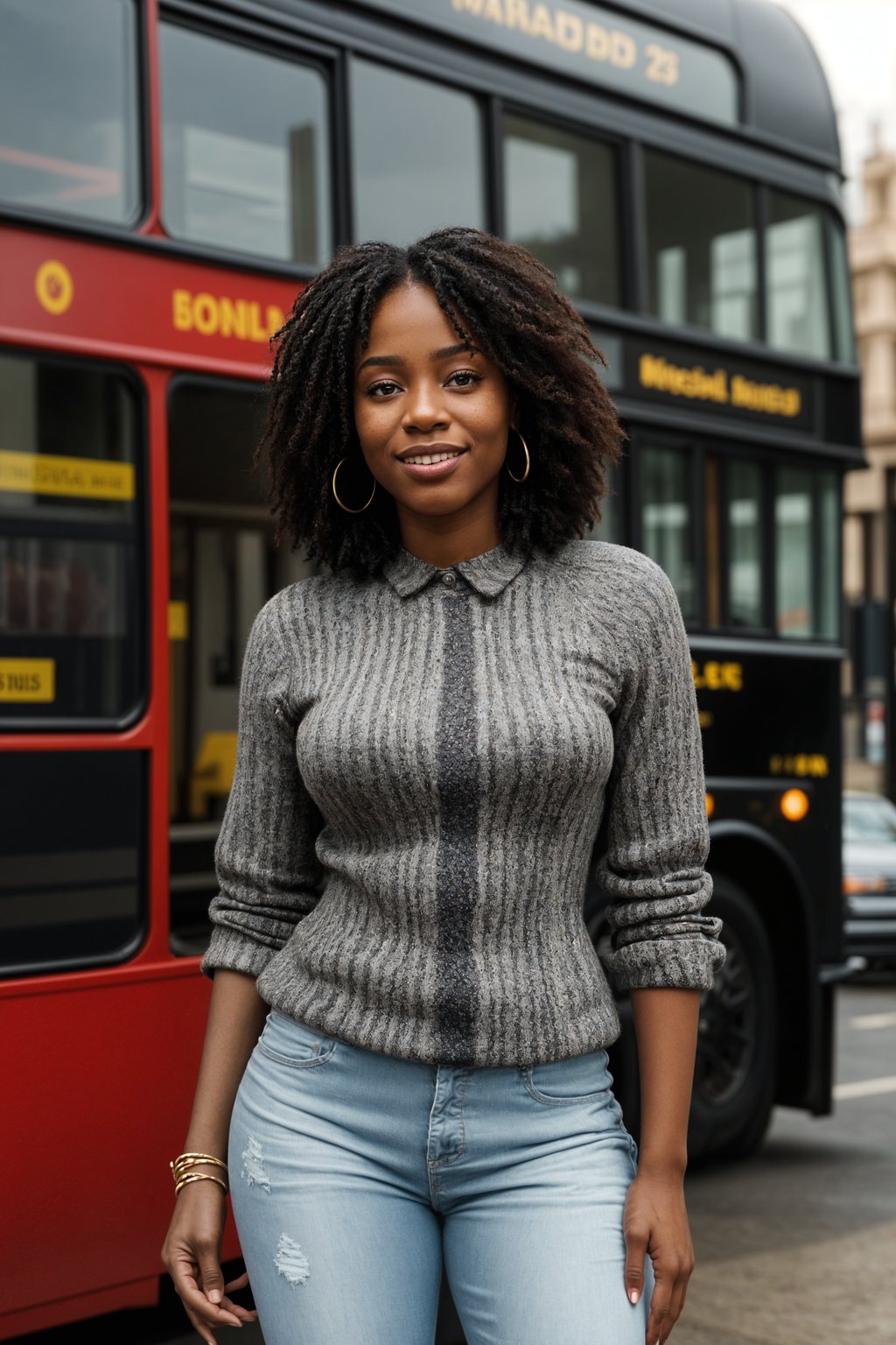 smiling woman in London with Double Decker Bus in background