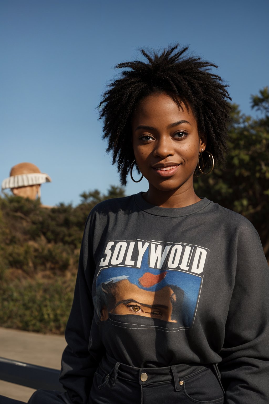 smiling woman in Los Angeles with the Hollywood sign in the background