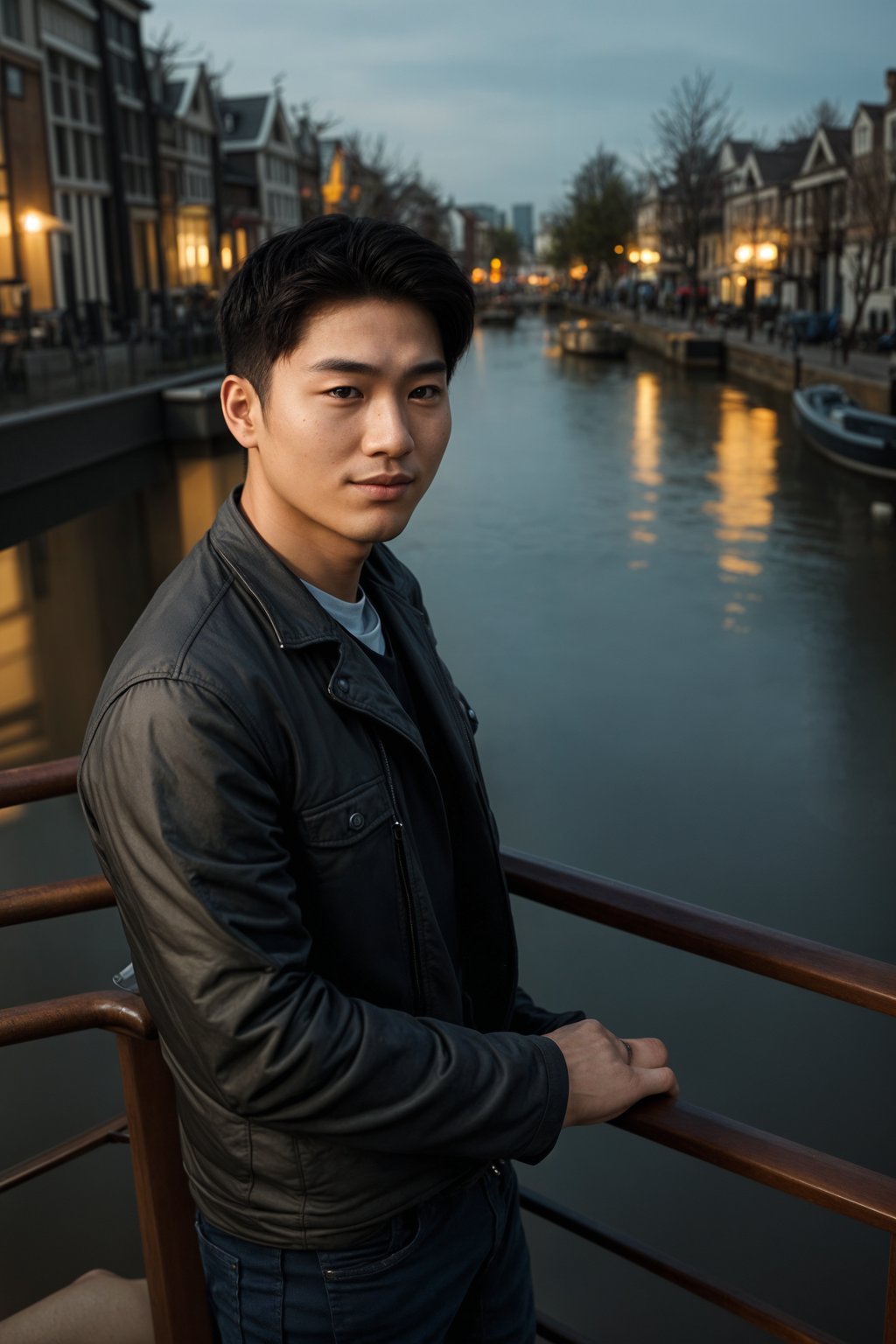 smiling man in Amsterdam with the Amsterdam Canals in background