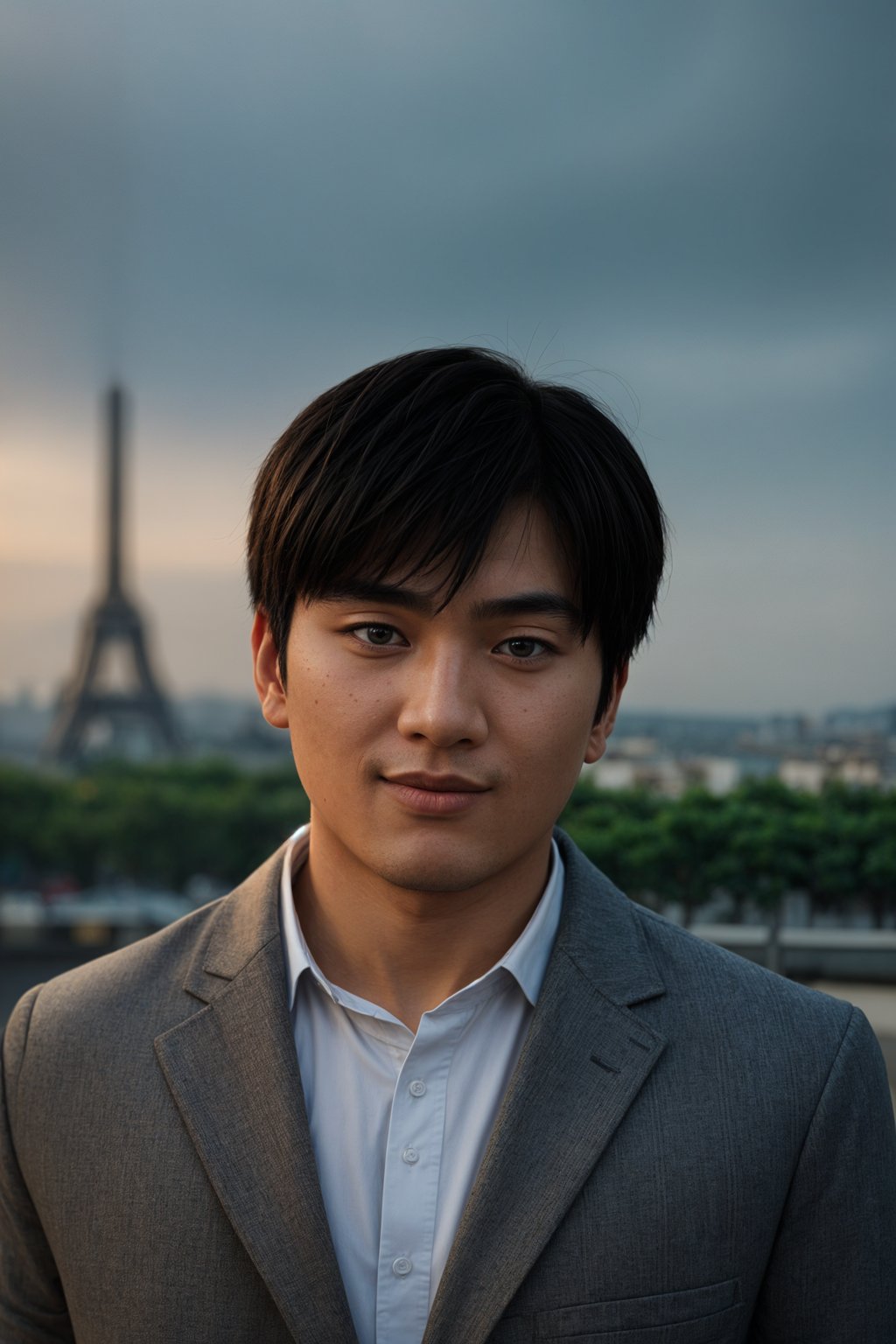 smiling man in Paris with the Eiffel Tower in background