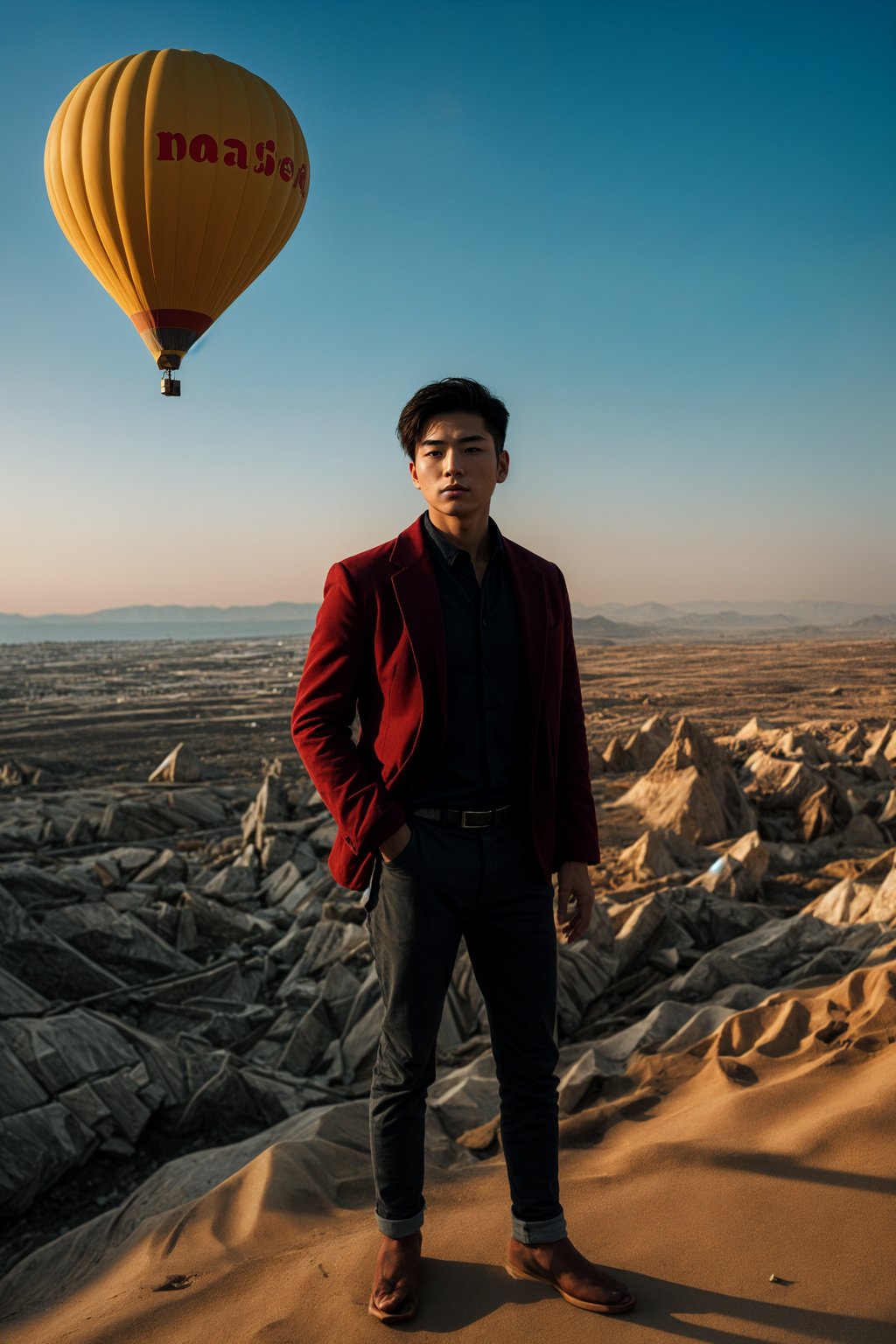 Breathtakingly man with hot air balloons in the background in cappadocia, Türkiye. Cappadocia, Turkey