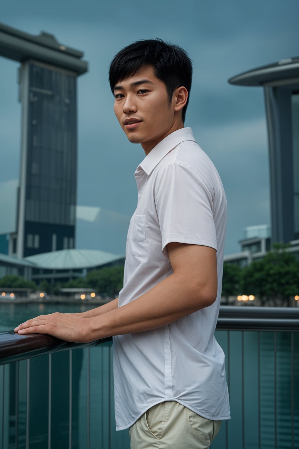 smiling man in Singapore with Marina Bay Sands in background