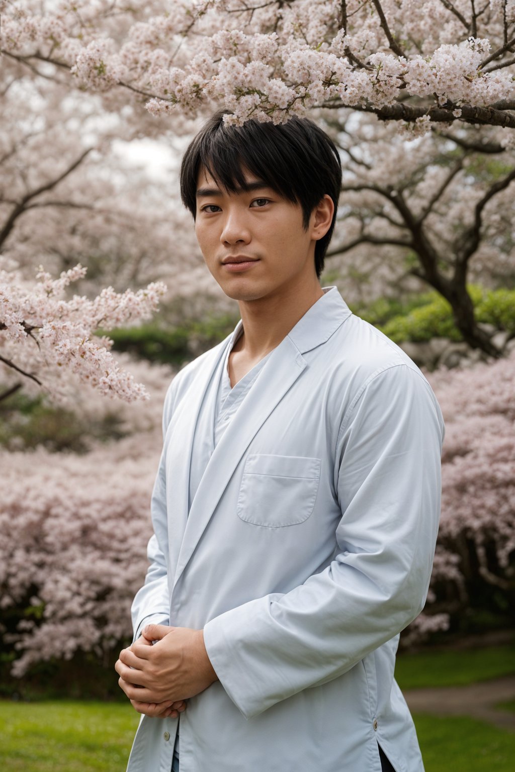 smiling man in Japan with Japanese Cherry Blossom Trees and Japanese temples in background