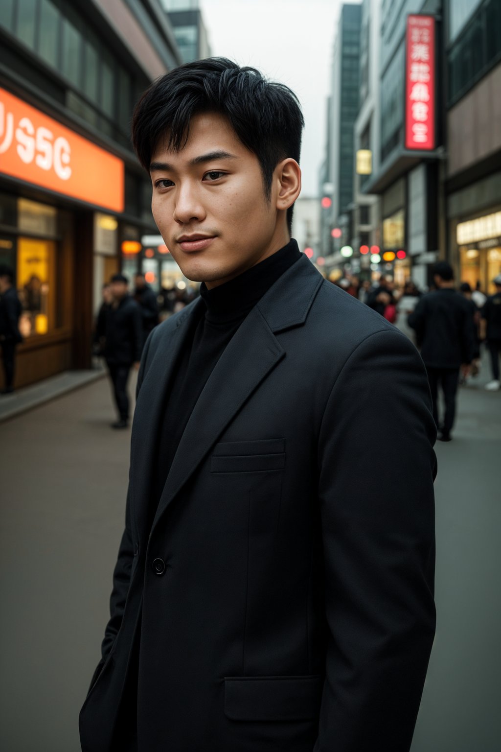 smiling man in Seoul in Gangnam in Cheongdamdong Luxury Shopping street. stores visible in background