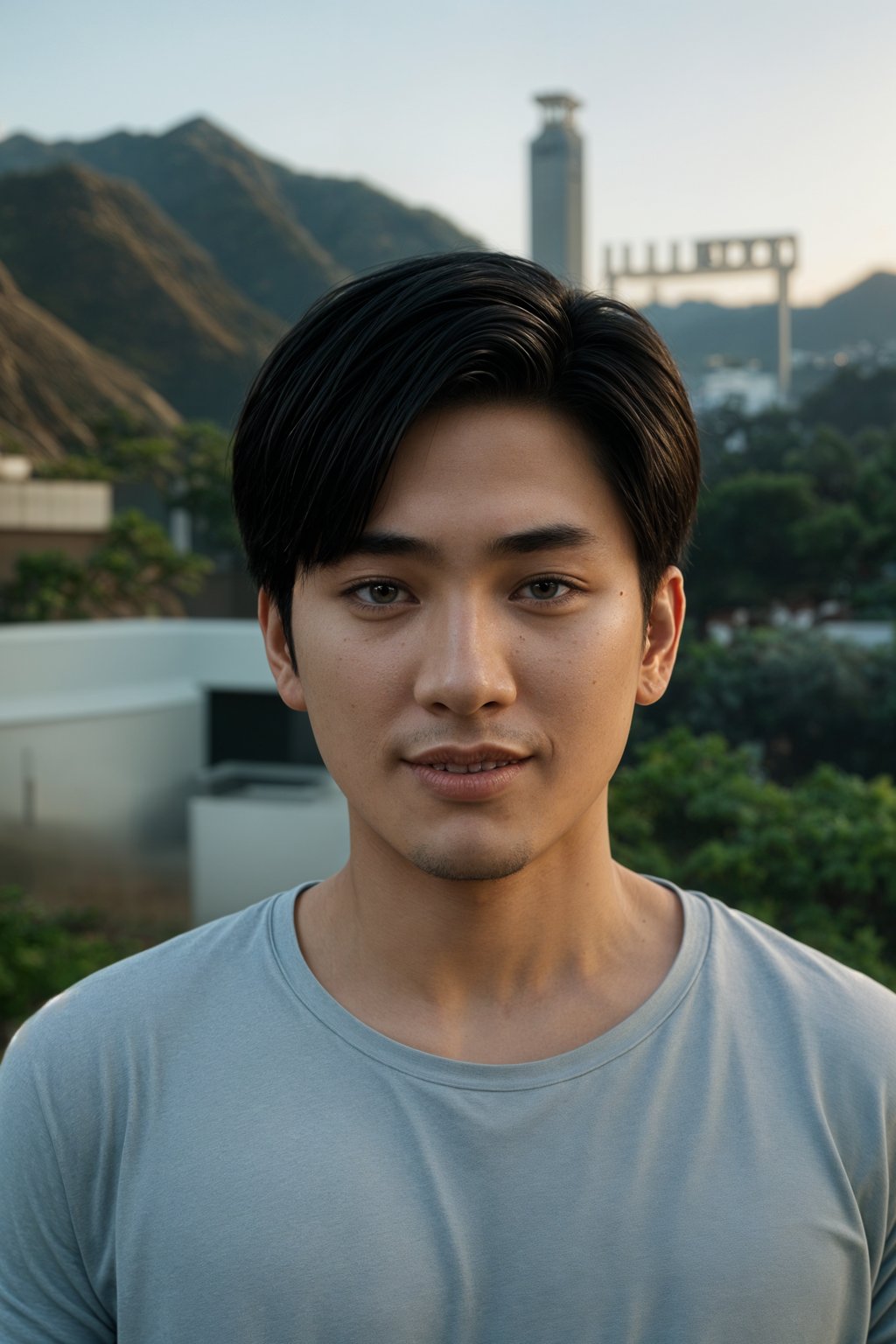 smiling man in Los Angeles with the Hollywood sign in the background