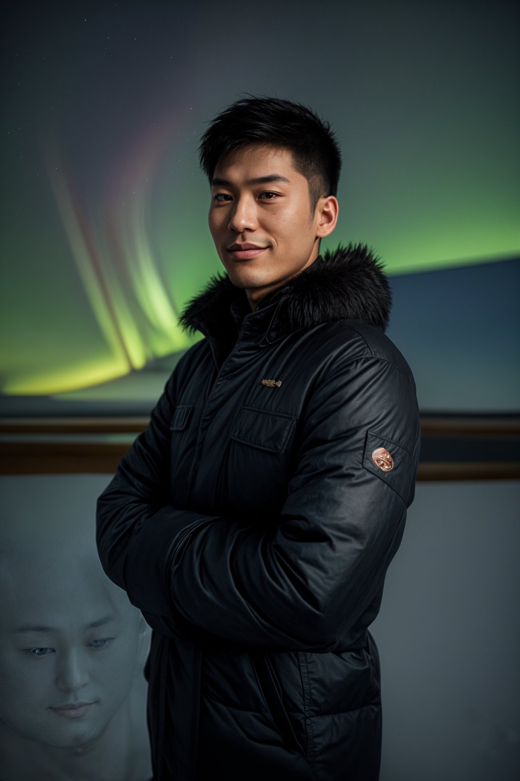 smiling man in Reykjavik with the Northern Lights in the background