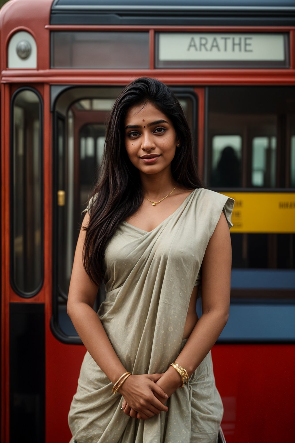 smiling woman in London with Double Decker Bus in background