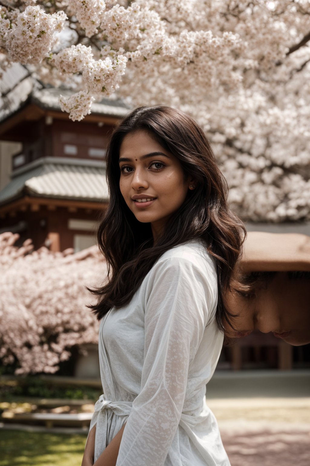 smiling woman in Japan with Japanese Cherry Blossom Trees and Japanese temples in background