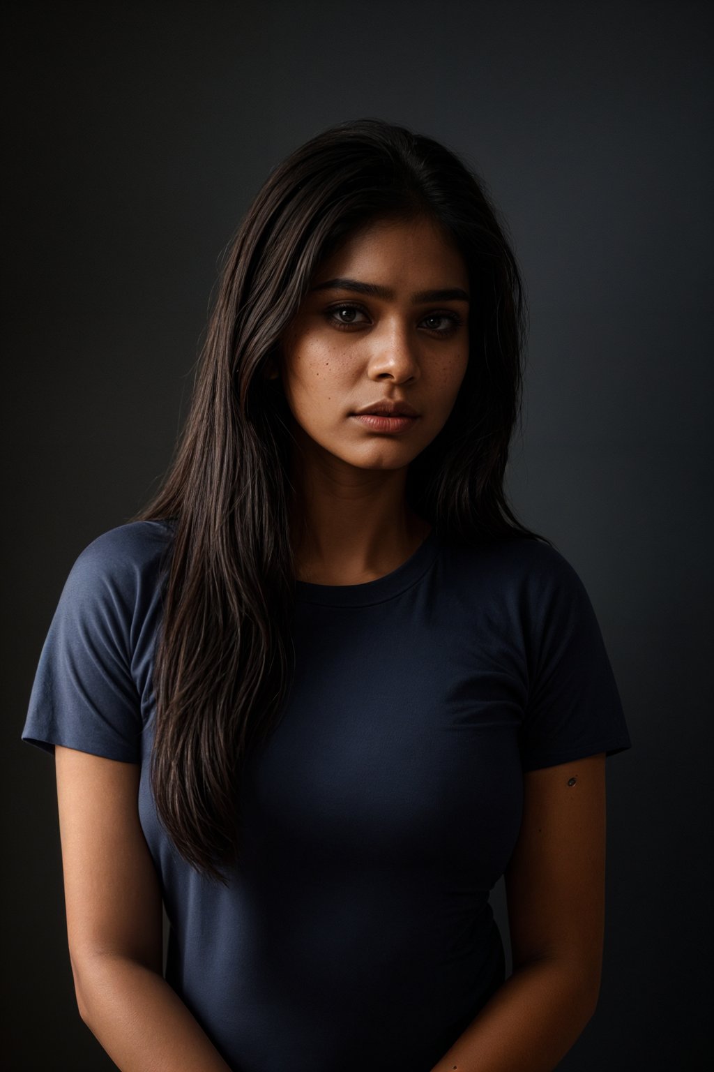 woman as official passport photo for government documents. wearing a dark blue navy t-shirt. photorealistic. light gray background. entire face visible. entire head visible