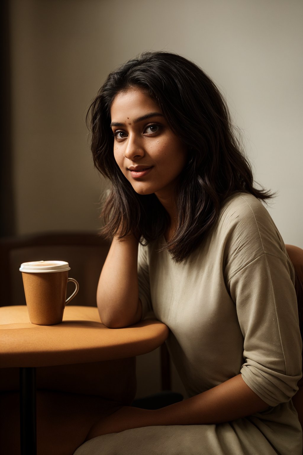 smiling  woman in hipster coffee place with coffee cup on table