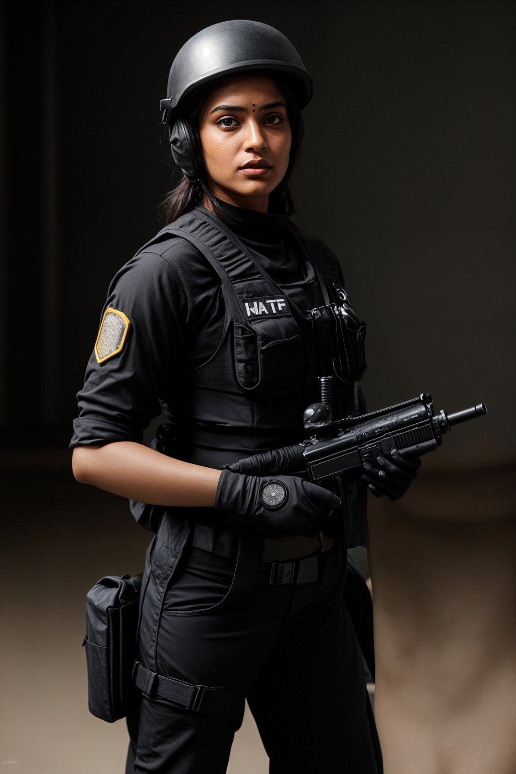 woman as a SWAT Officer. wearing black swat vest, swat helmet, holding pdw