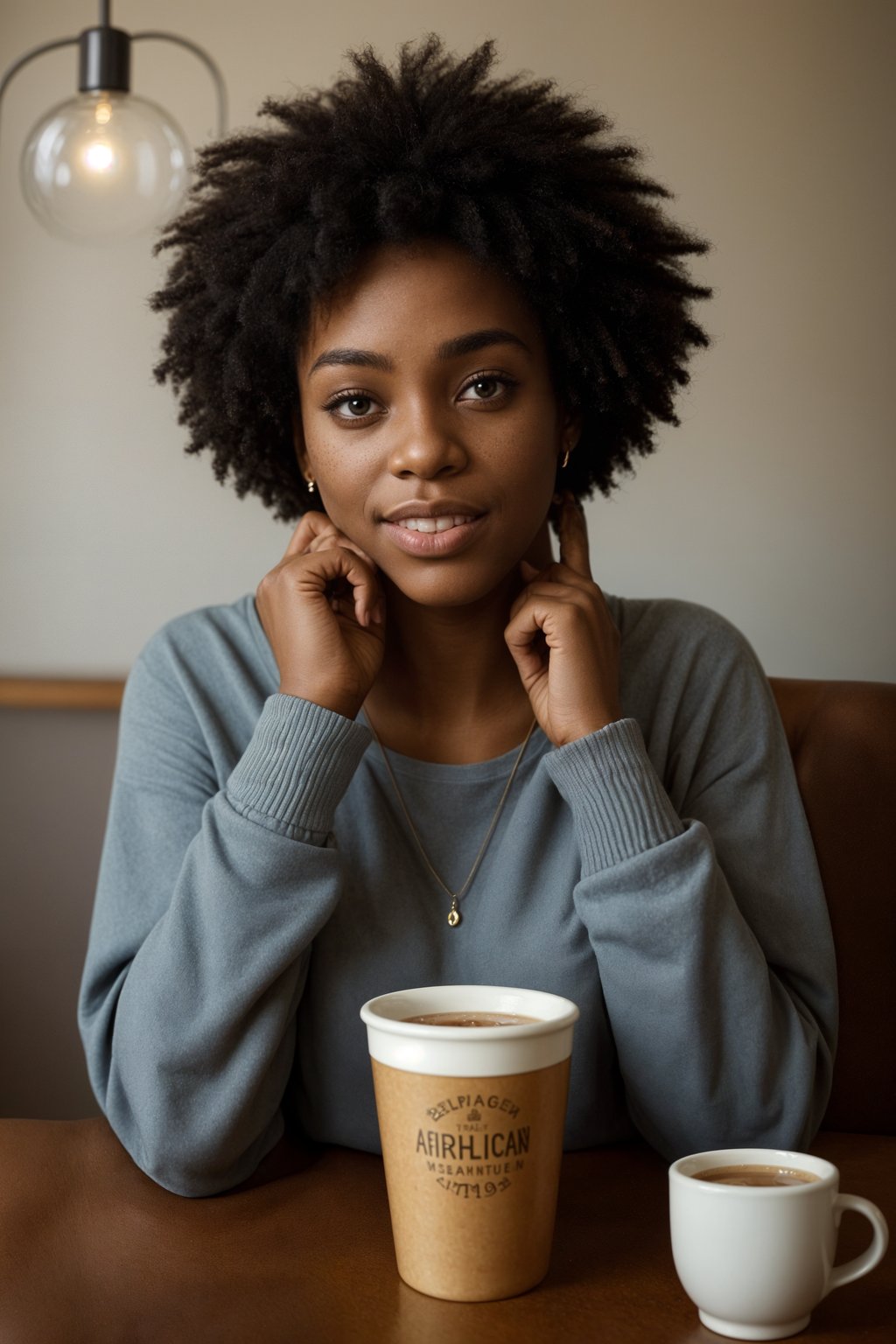 smiling  woman in hipster coffee place with coffee cup on table