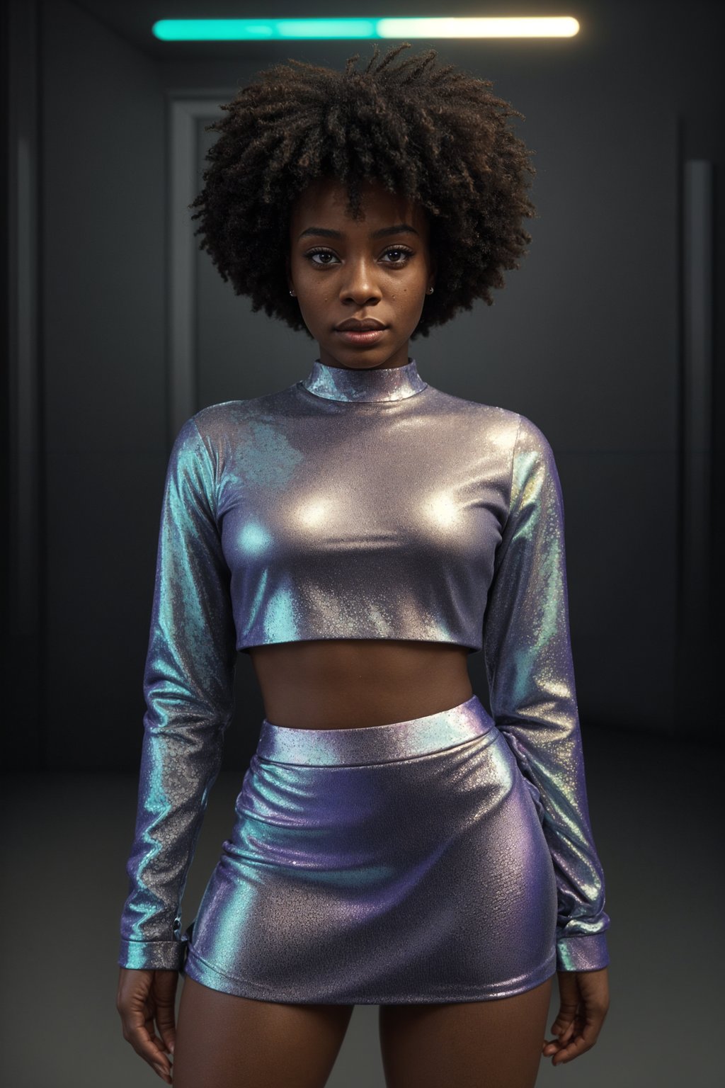 woman in holographic style, wearing  holographic shiny mini skirt, holographic shiny crop top, holographic shiny purse, holographic heels, holographic hair