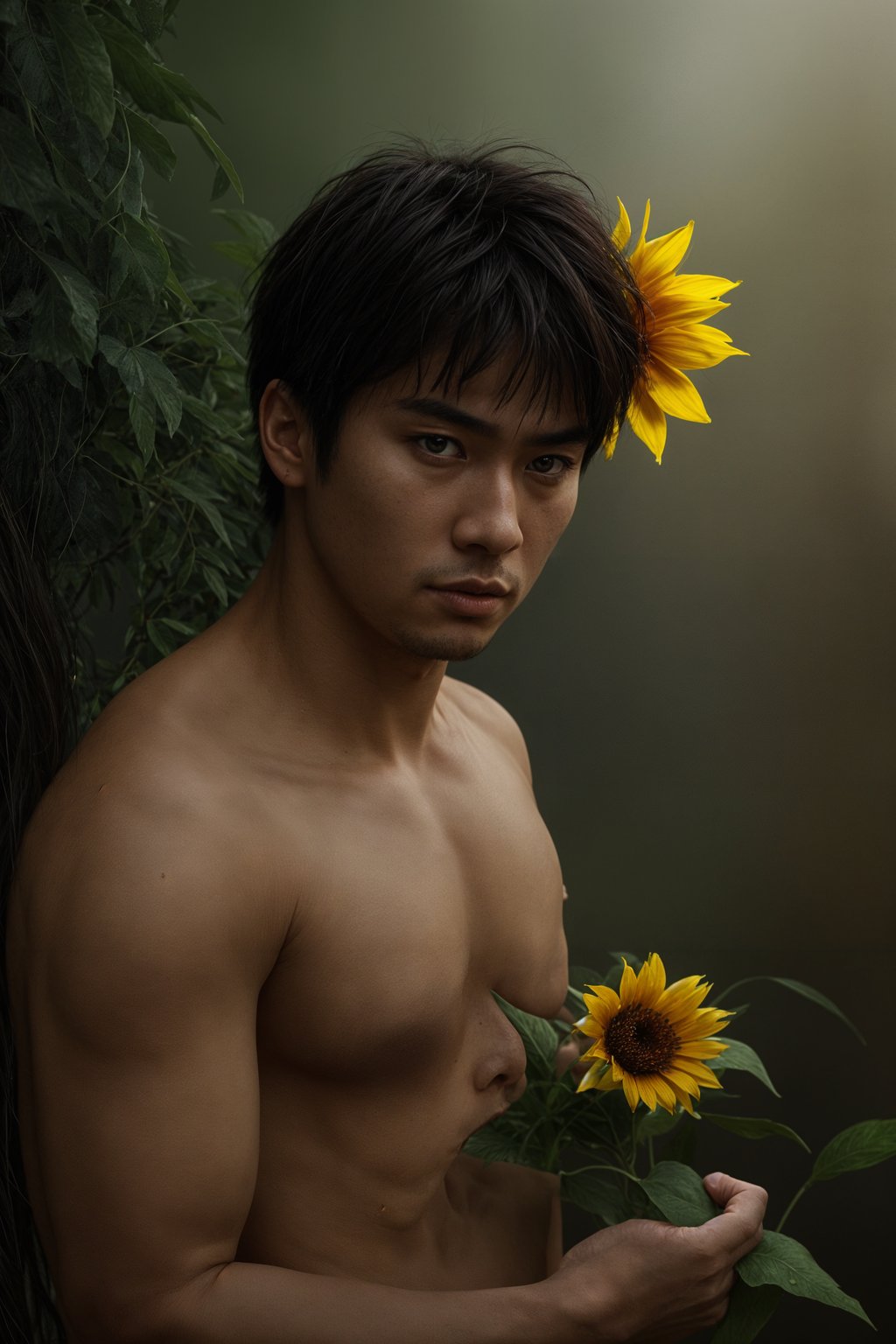 Close face shot of a man with a sunflower in hair, summer season, moody scene,, intricate, sharp details, summer vibe, gorgeous scene by gaston bussiere, craig mullins, somber lighting, drawn by giacomo burattini, inspired by graphic novel cover art, hyperrealistic, 8 k by rhads