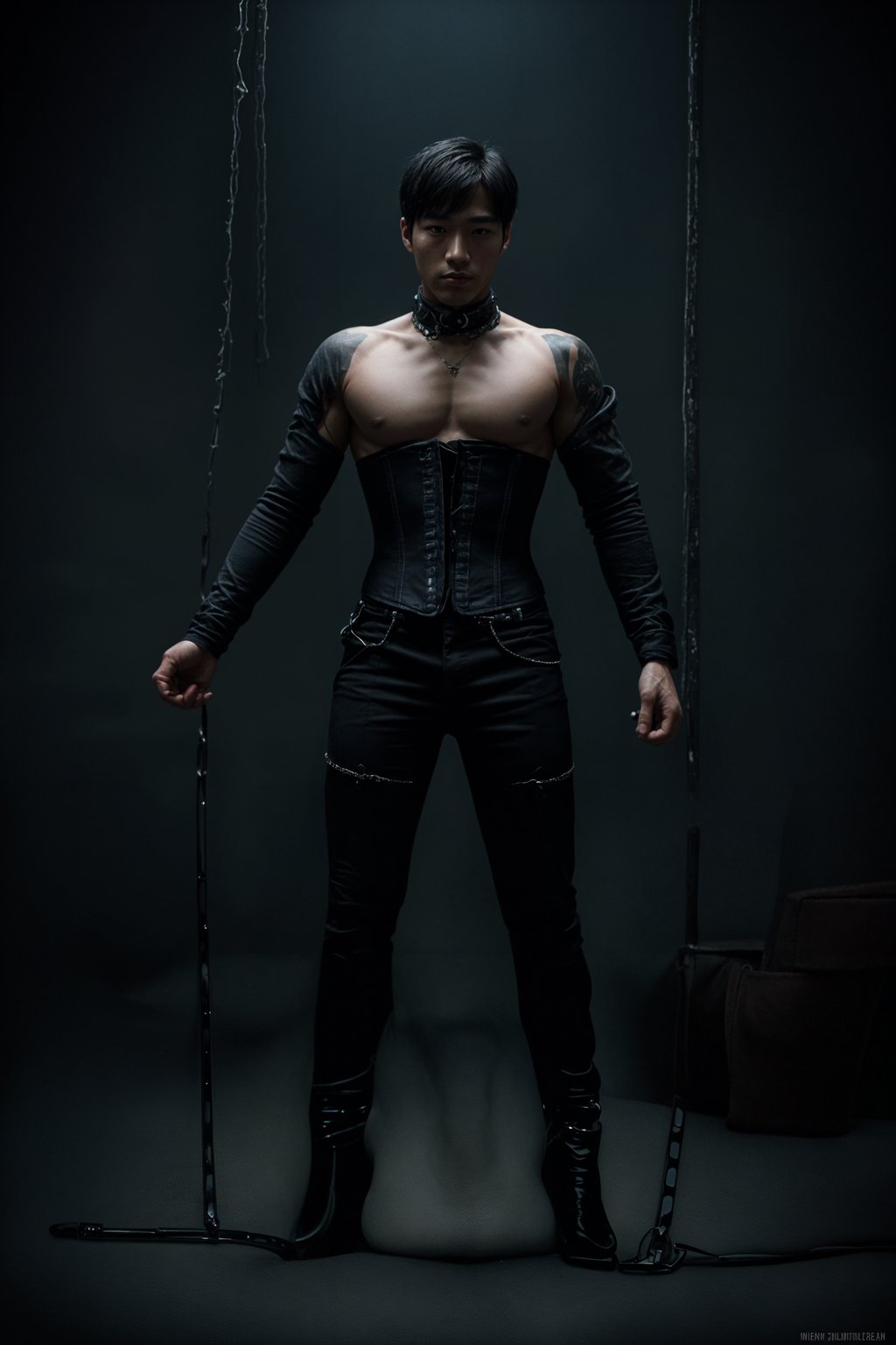 gothic man, bound by chains and barbed wire in a dungeon, very tight corset, high heels