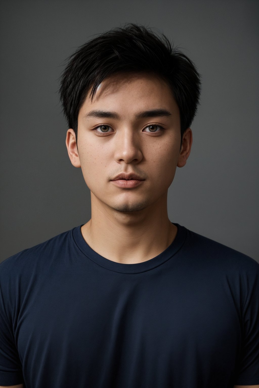 man as official passport photo for government documents. wearing a dark blue navy t-shirt. photorealistic. light gray background. entire face visible. entire head visible