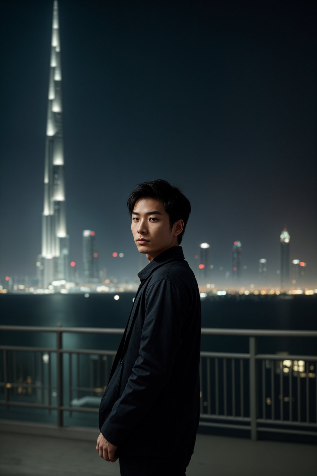 man standing in front of city skyline viewpoint in Dubai with city skyline in background